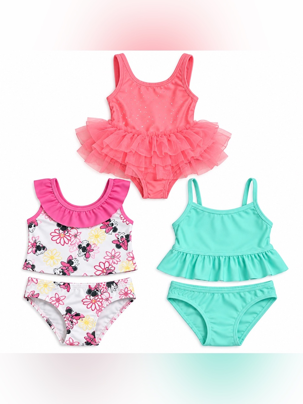 Baby Girl Swimwear Bundle of 3 Minnie Mouse, Aqua Two Piece & Pink Tutu 18months